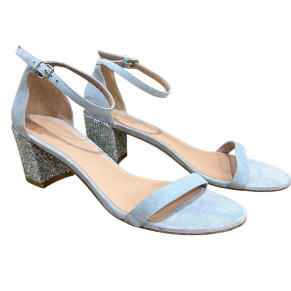 STUART WEITZMAN Nudist Block Sandals Size 9 Light Blue Suede Glitter Heels - Picture 1 of 9
